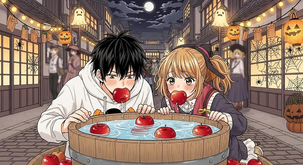 アップルボビングを楽しむ少年少女