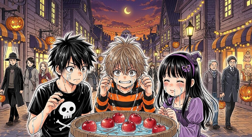 アップルボビングを楽しむ少年少女