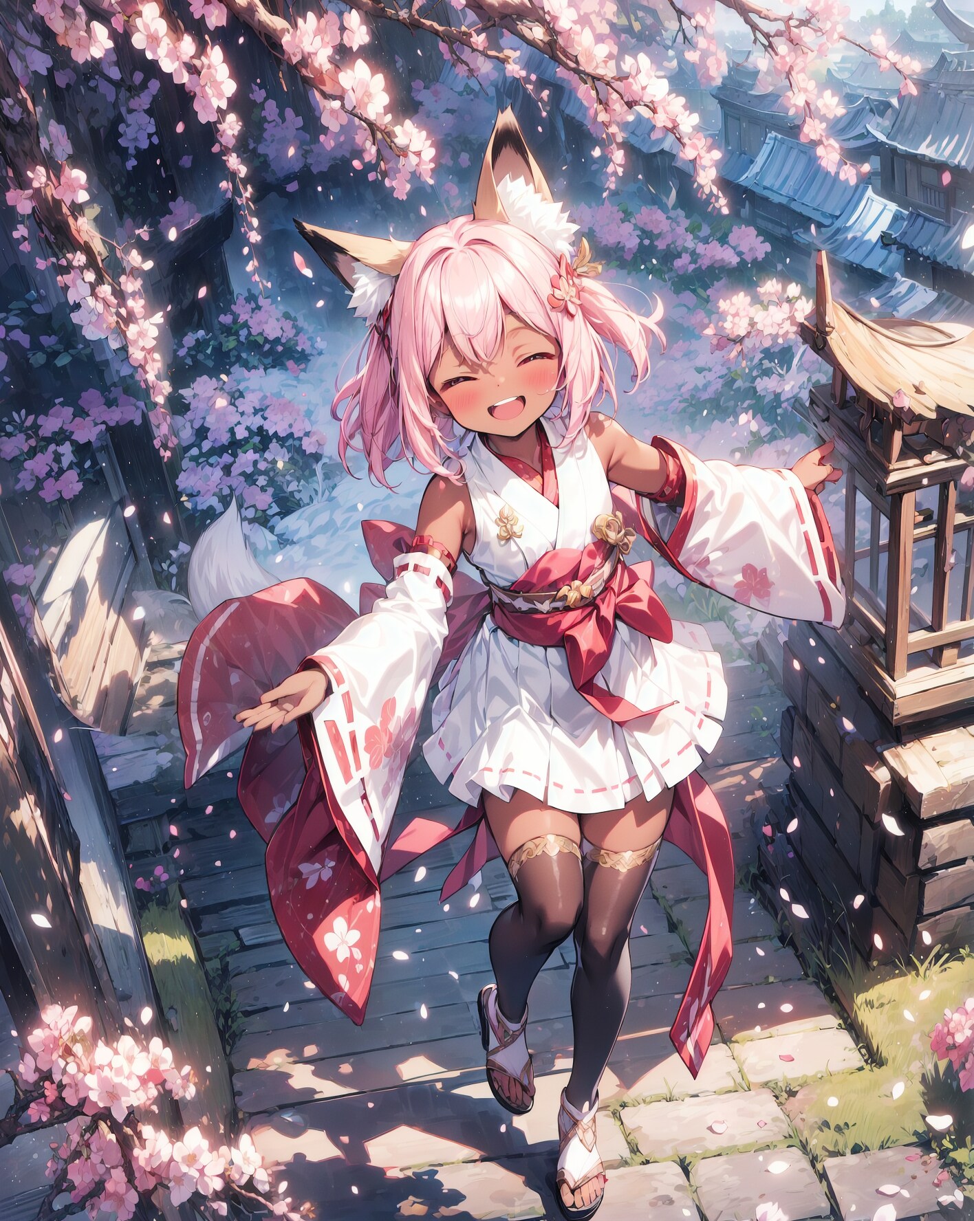 桜にはしゃぐ狐娘