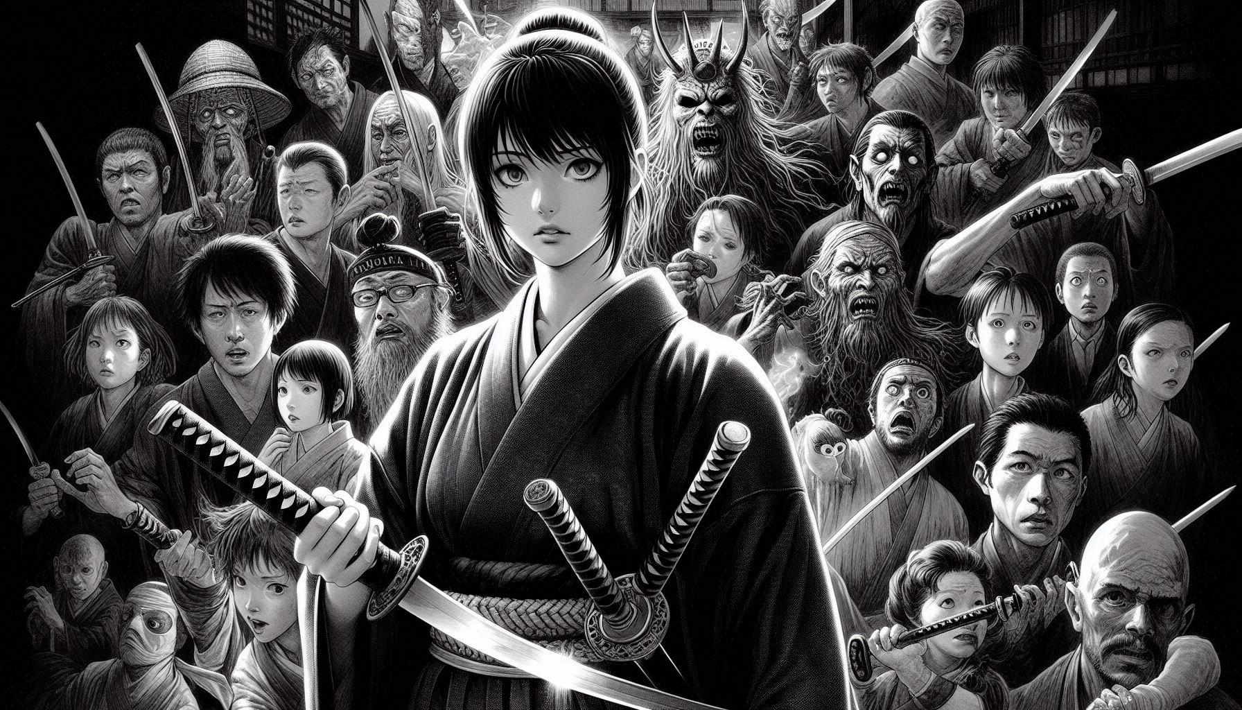 旅の若き侍！悪鬼が潜む閉鎖的な村から子供達を救え！！・・（チャンバラ活劇より推理探偵モノを目指したイラストです（探偵役が旅の侍））
