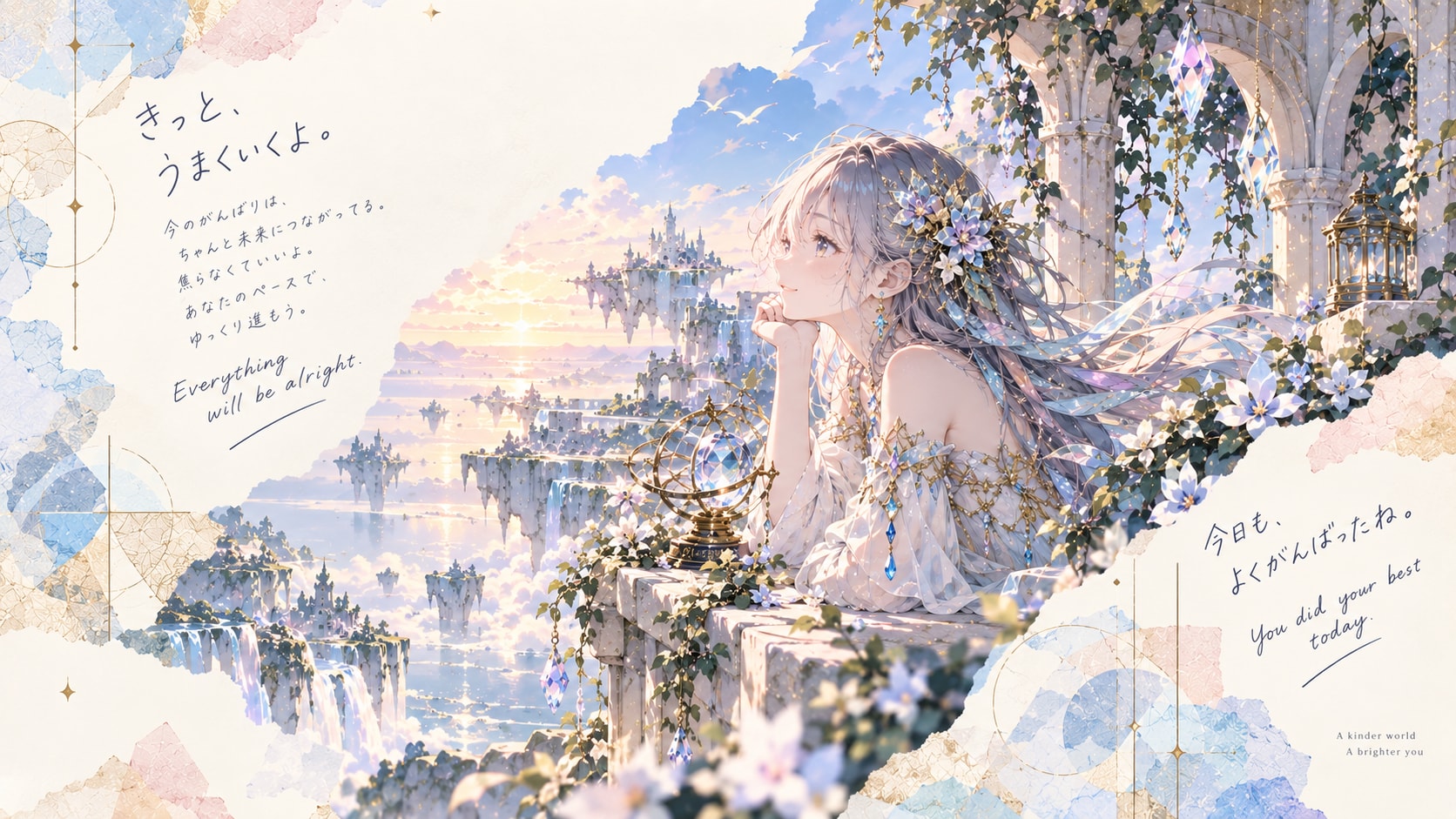 A quiet rest on a floating balcony, watching the sun rise over islands adrift in gold and cloud.  It | の人気AIイラスト・グラビア