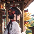 神社では巫女が祈りをささげている。 4枚目