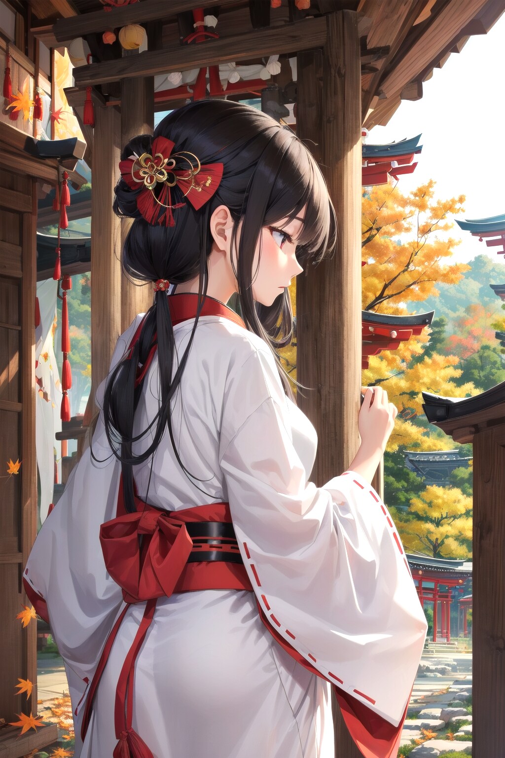 神社では巫女が祈りをささげている。