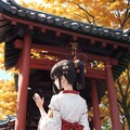 神社では巫女が祈りをささげている。 3枚目