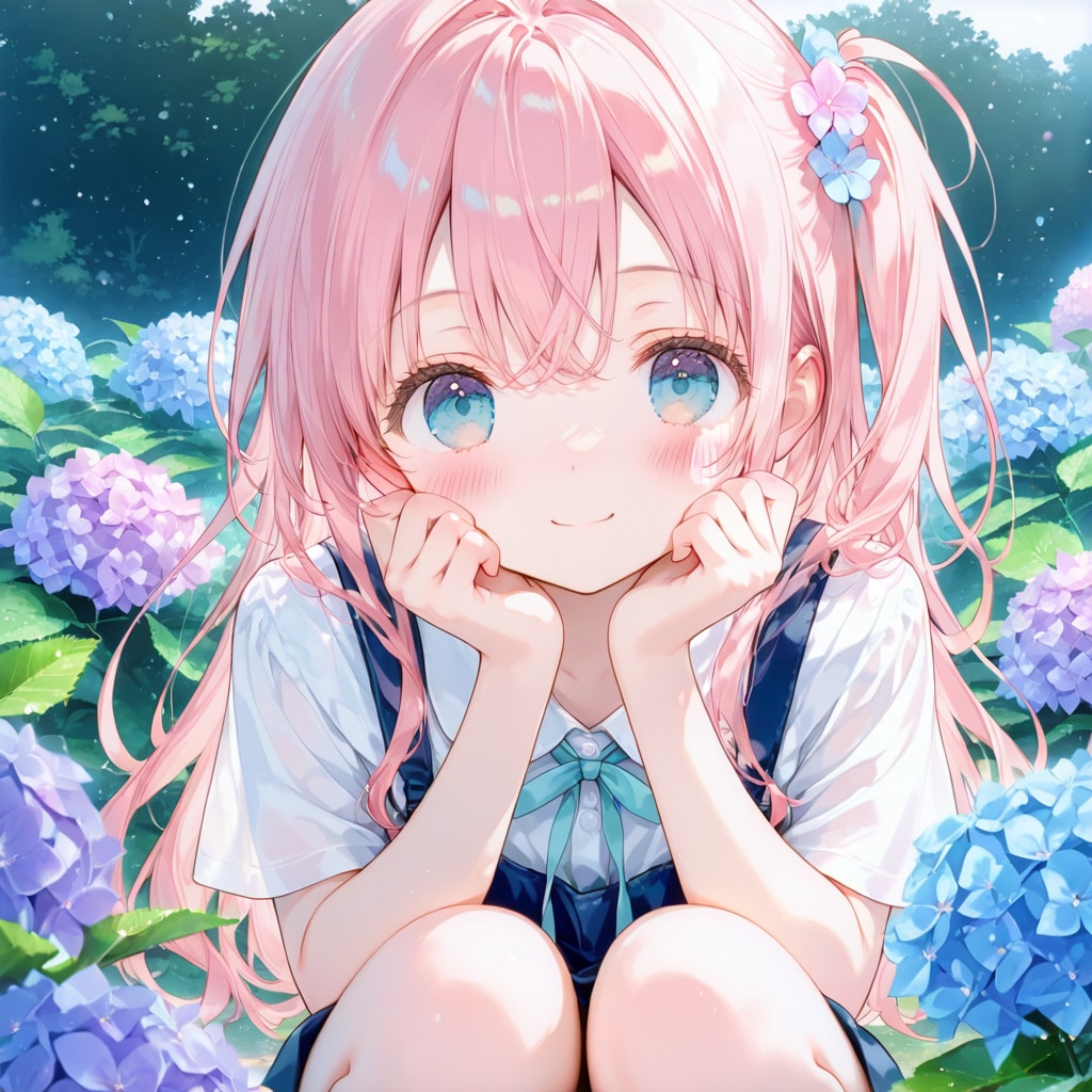 紫陽花畑でお花摘
