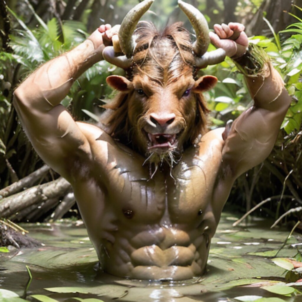 沼地で水浴びするミノタウロス