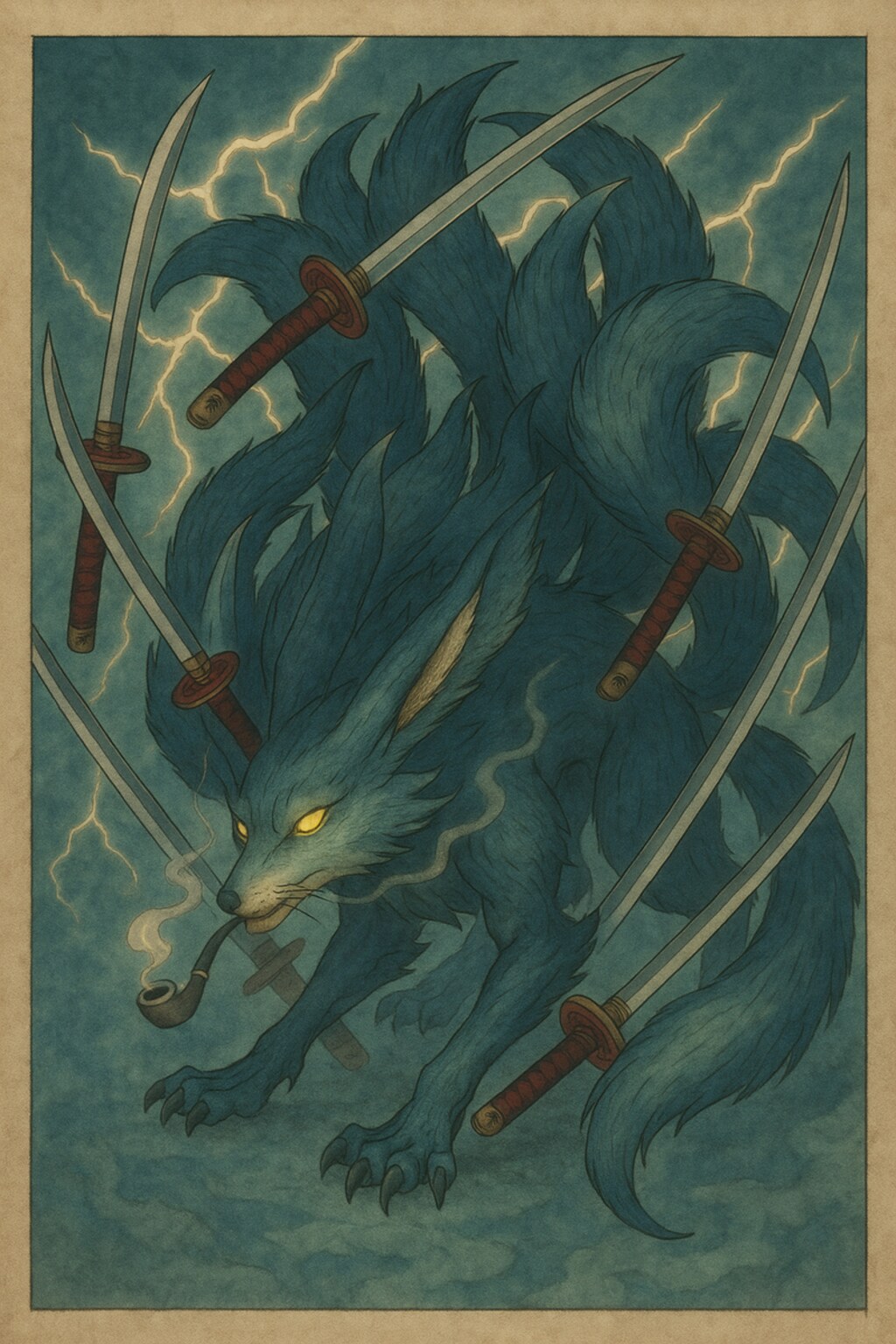 ハイカラにパイプを吸う刀剣コレクターの九尾の狐