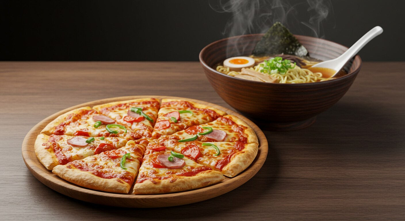 深夜食堂のピザとラーメンのセット | の人気AIイラスト・グラビア