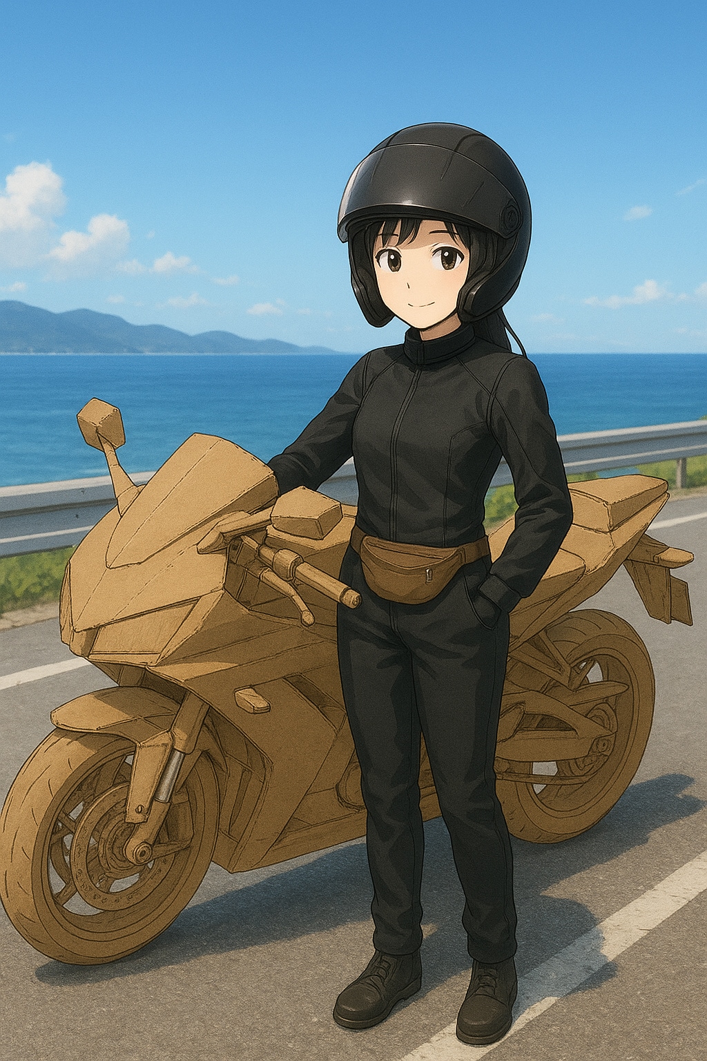 ダンボール製のバイクでツーリング中！