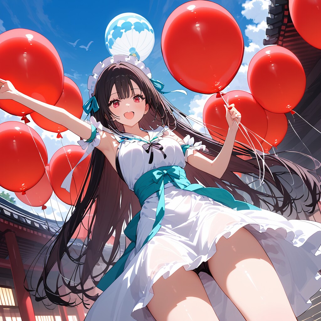 神社で赤い風船をいっぱい持つ巫女服の美女。 | の人気AIイラスト・グラビア