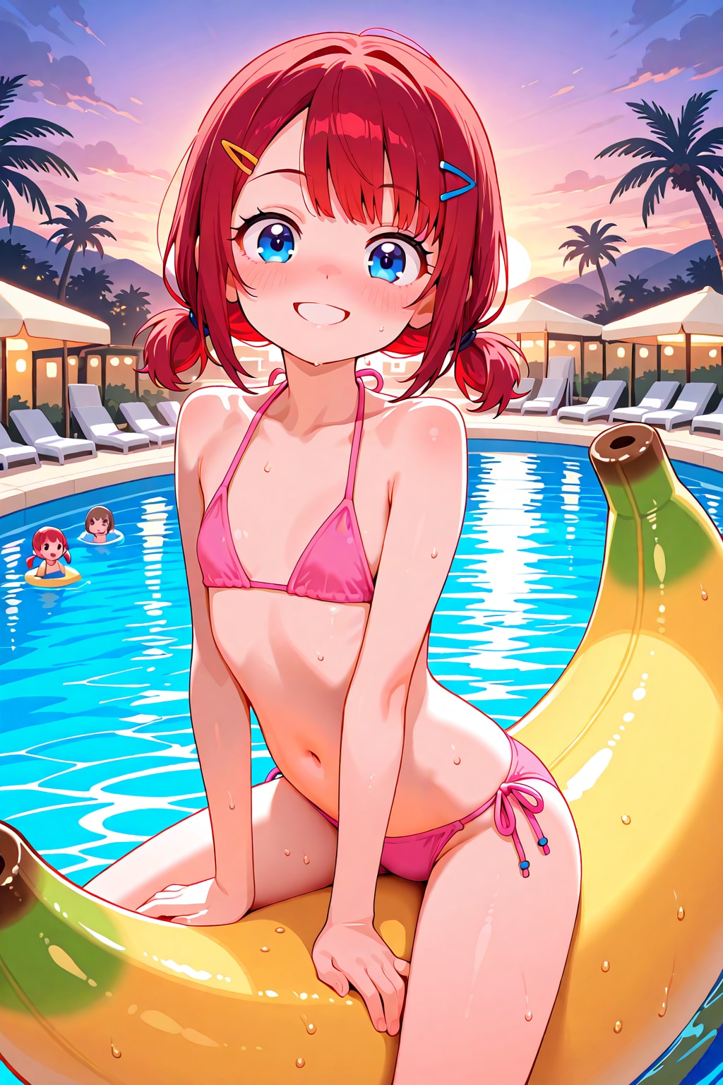 リゾートプールでバナナに乗って