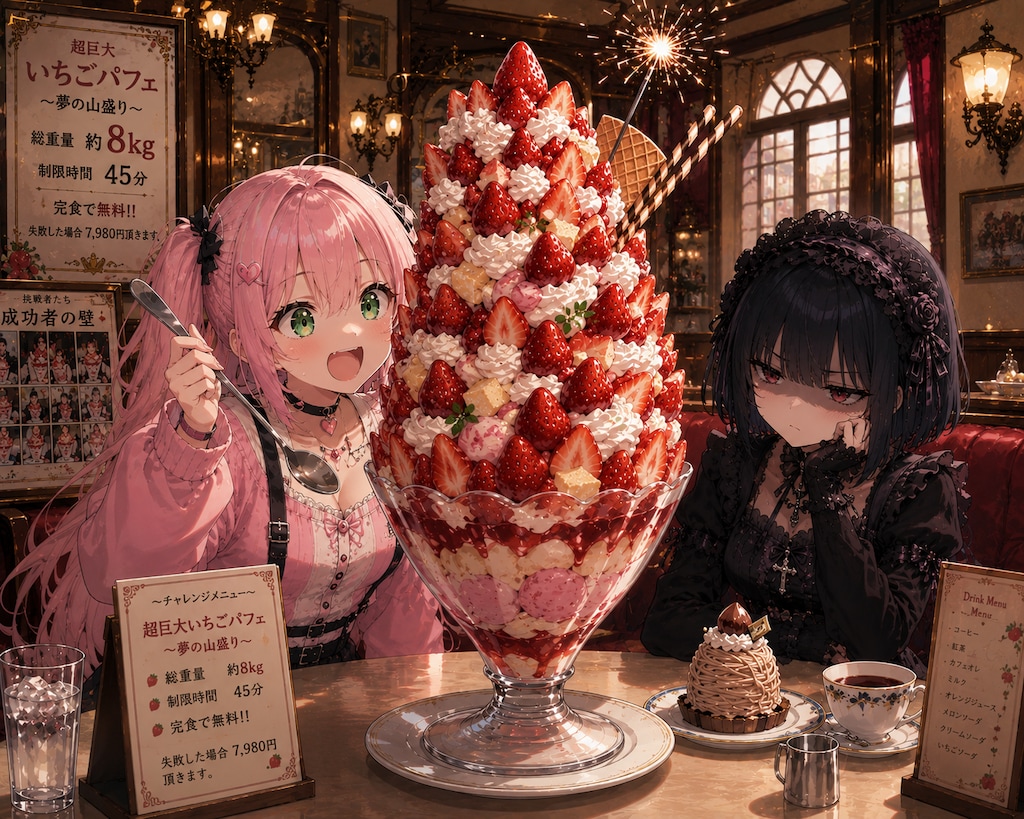 巨大パフェに挑むピンクちゃん(仮称)