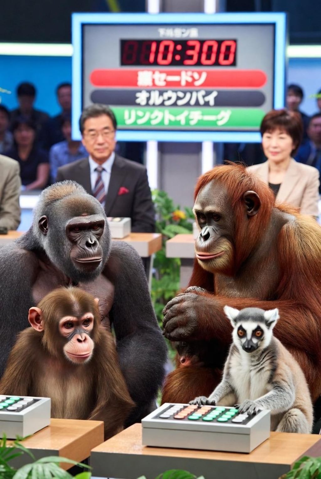 クイズ番組に出場するサル達