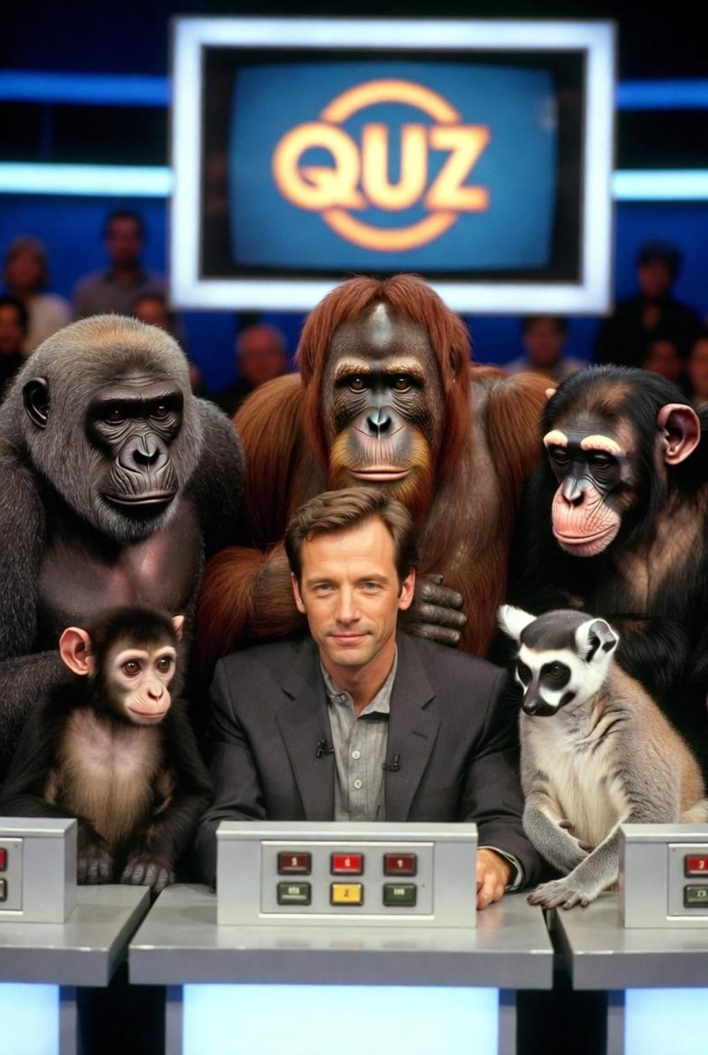クイズ番組に出場するサル達