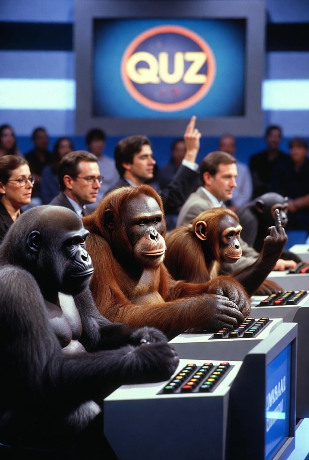 クイズ番組に出場するサル達