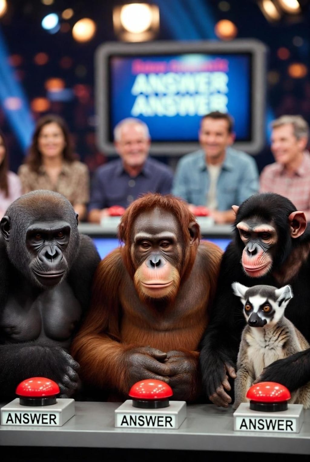 クイズ番組に出場するサル達