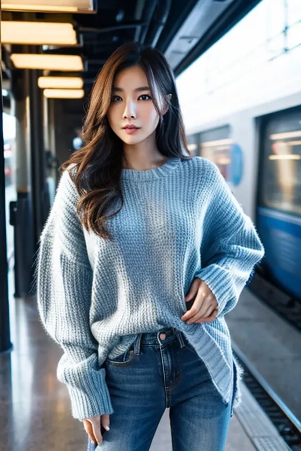 🚉ホームで電車の到着を待つAI美女🚉
