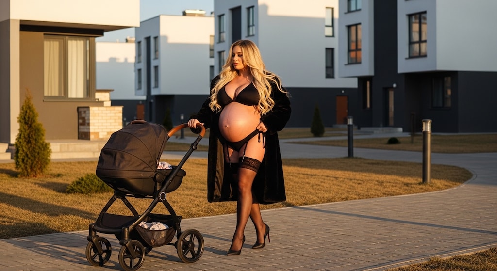 A mother wearing a black fur coat