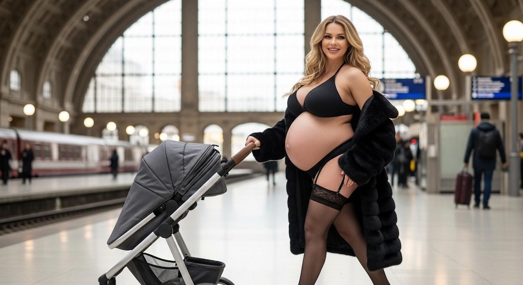 A mother wearing a black fur coat