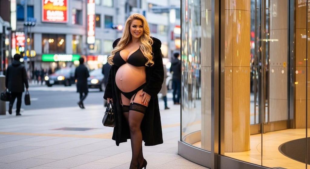 A mother wearing a black fur coat