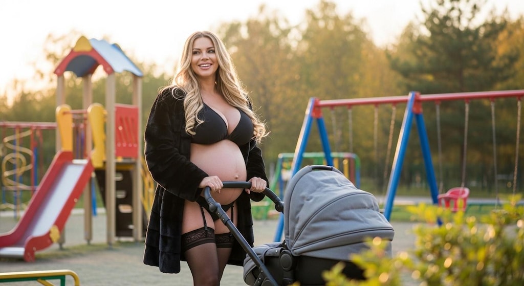 A mother wearing a black fur coat
