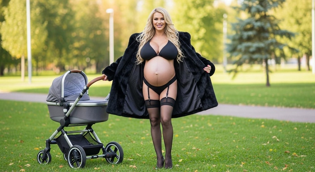 A mother wearing a black fur coat