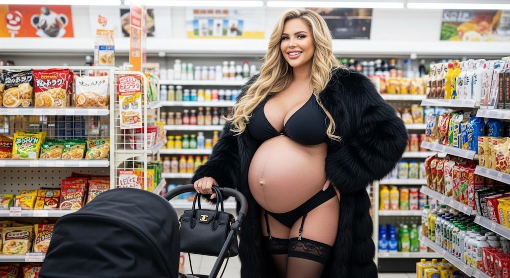 A mother wearing a black fur coat