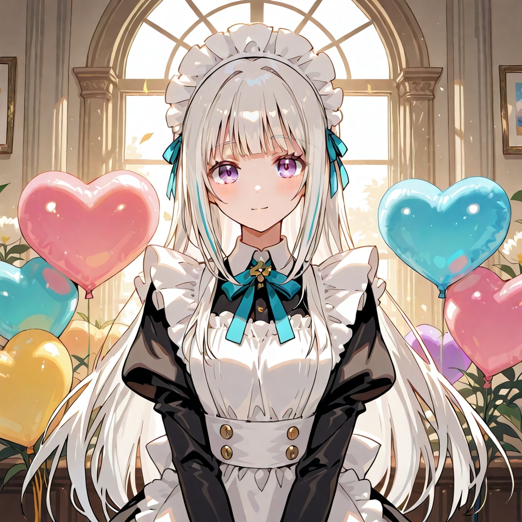 いっぱい色とりどりのハート風船を持つ白い髪ロングのメイド服着た美女