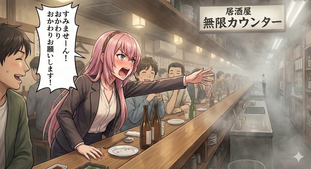 とても長いカウンター席の居酒屋