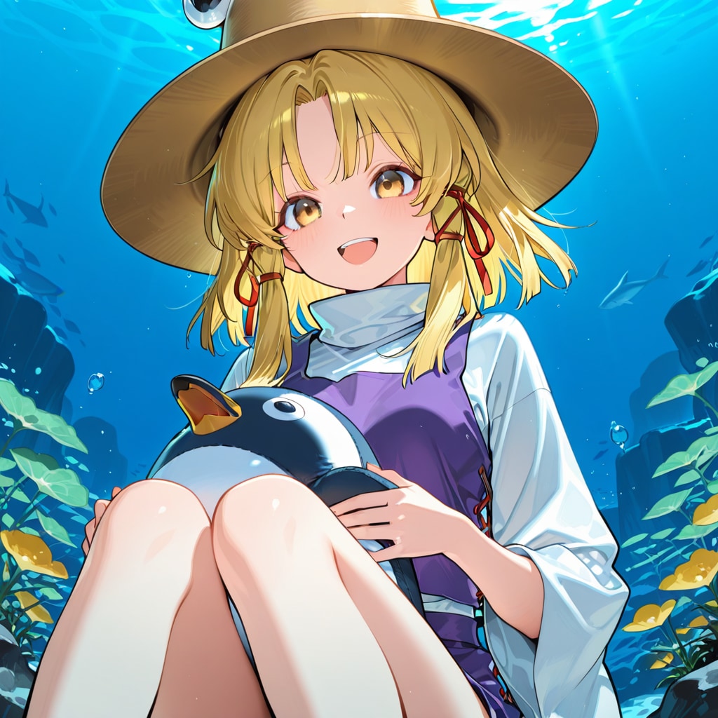 水族館でペンギンのぬいぐるみを持つ諏訪子 | の人気AIイラスト・グラビア