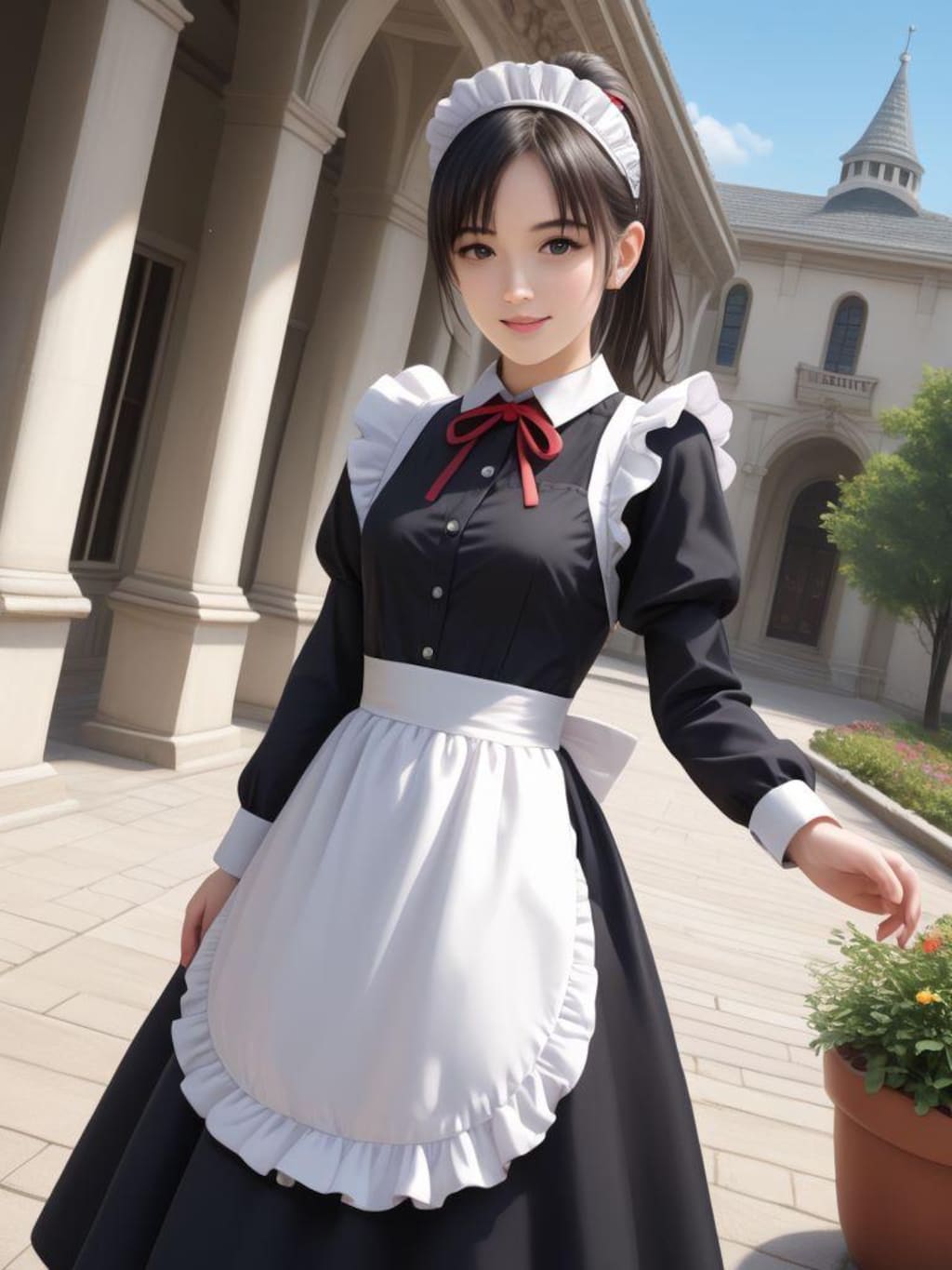 庭でメイドと談笑