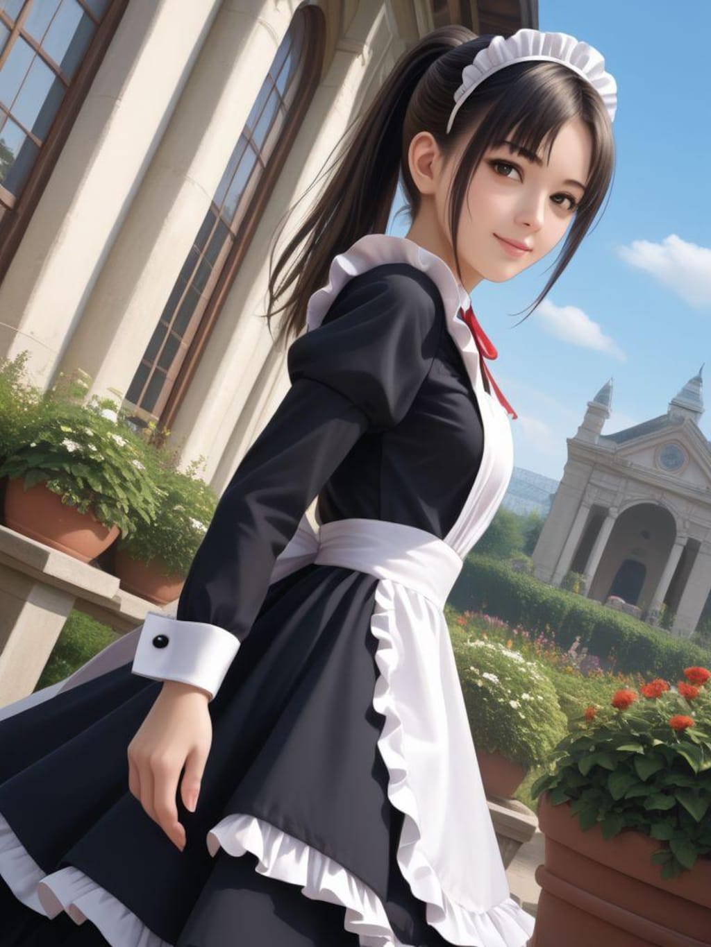 庭でメイドと談笑