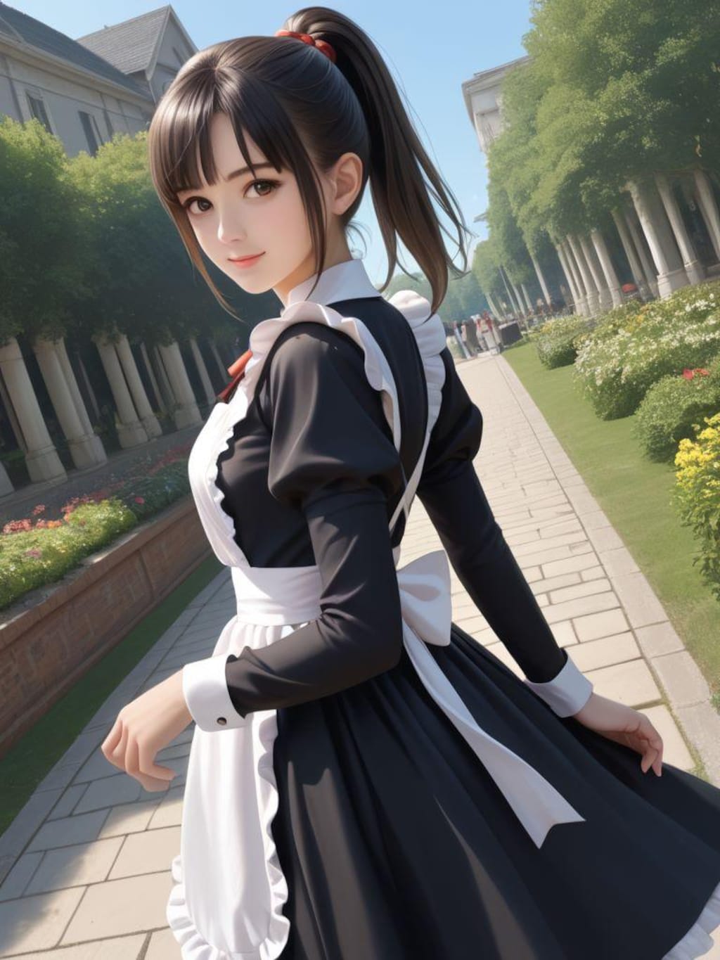 庭でメイドと談笑