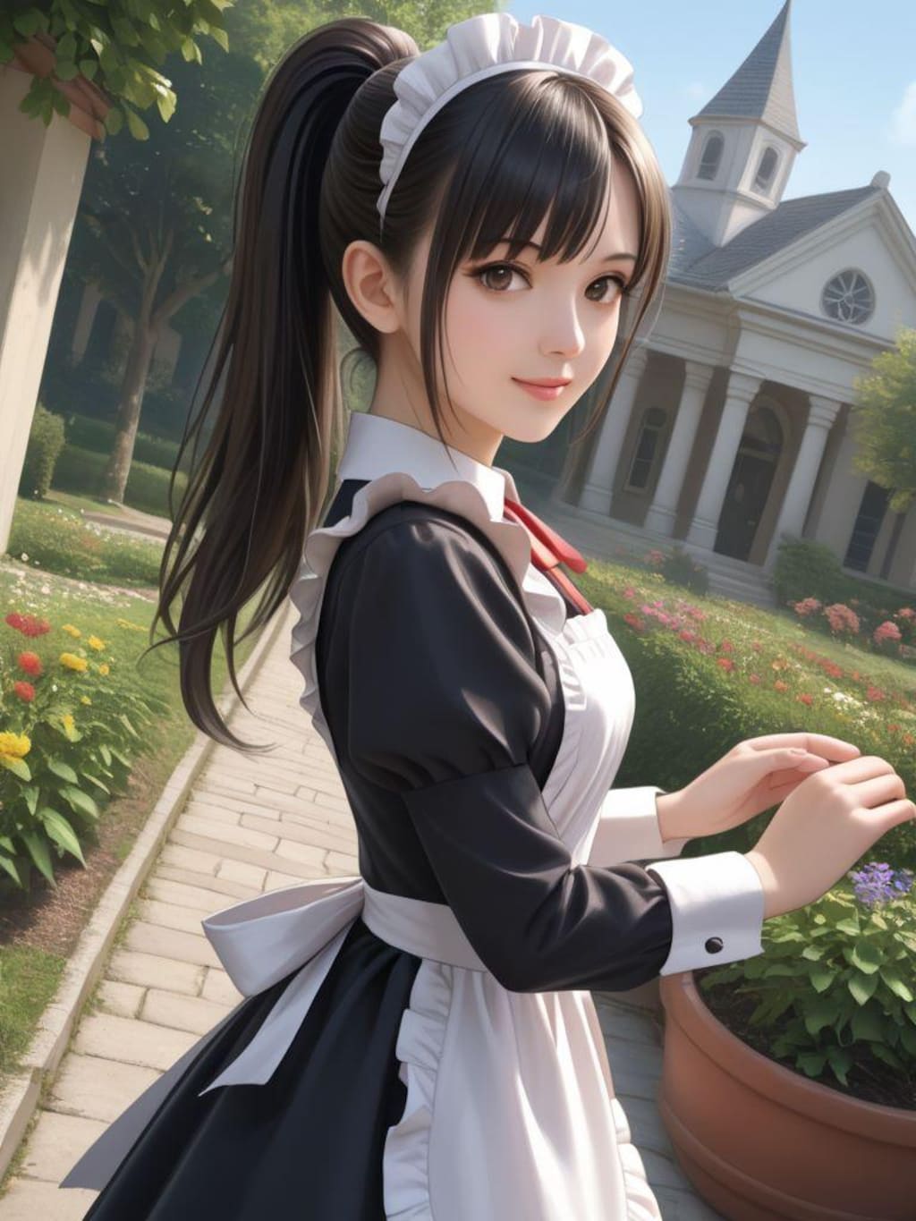 庭でメイドと談笑