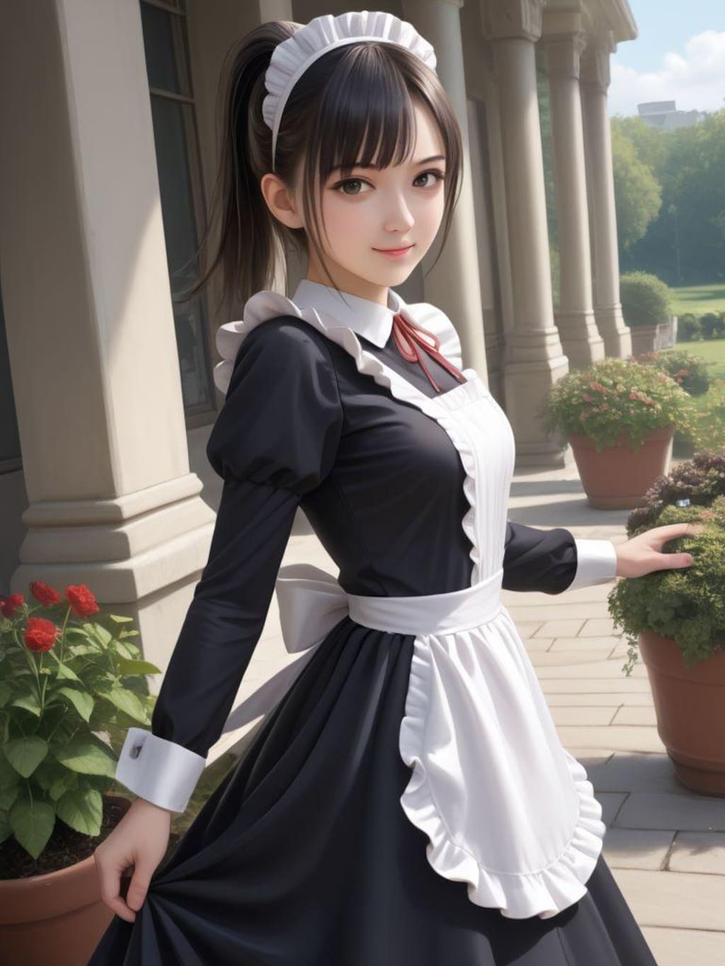 庭でメイドと談笑