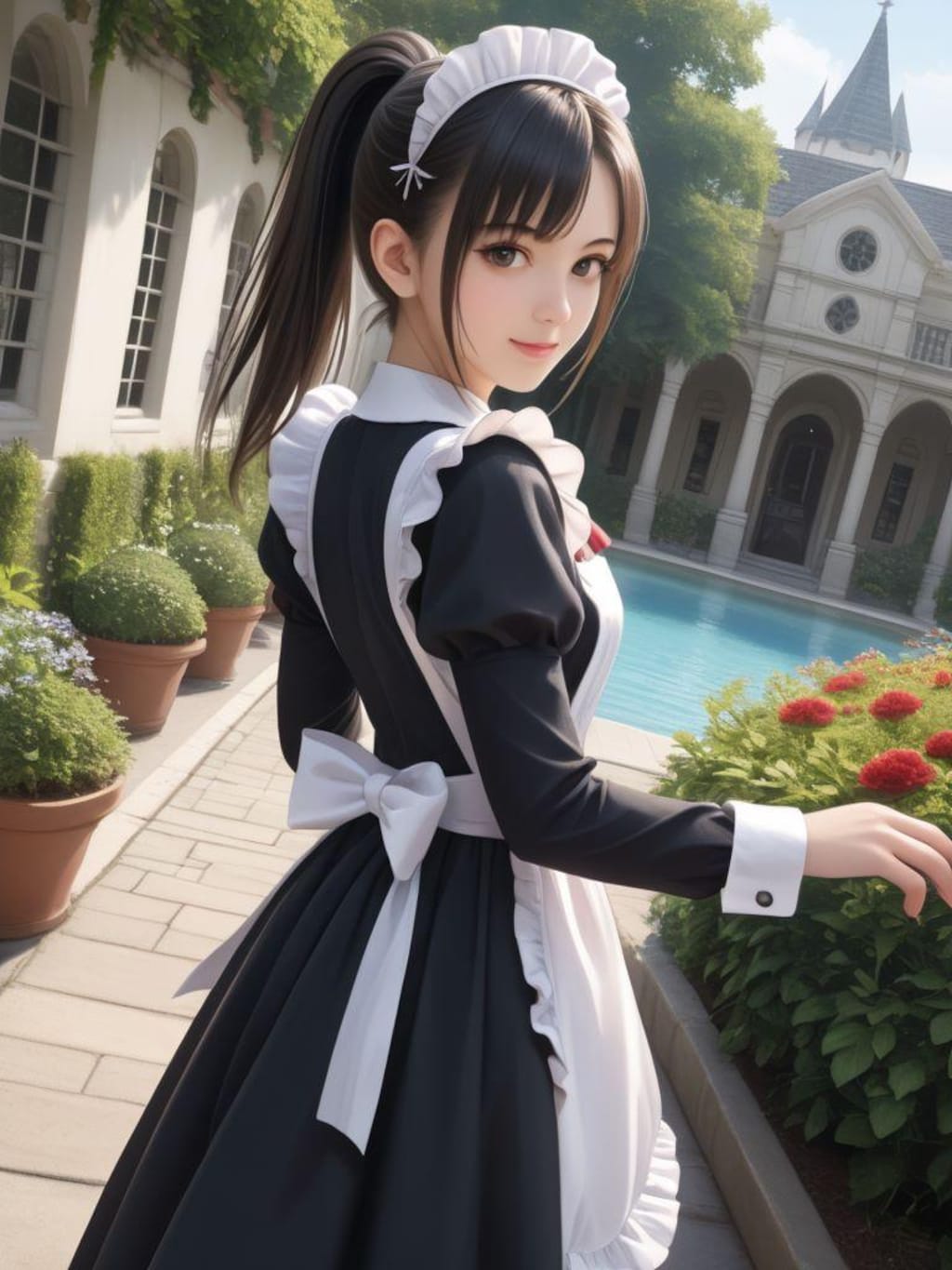 庭でメイドと談笑