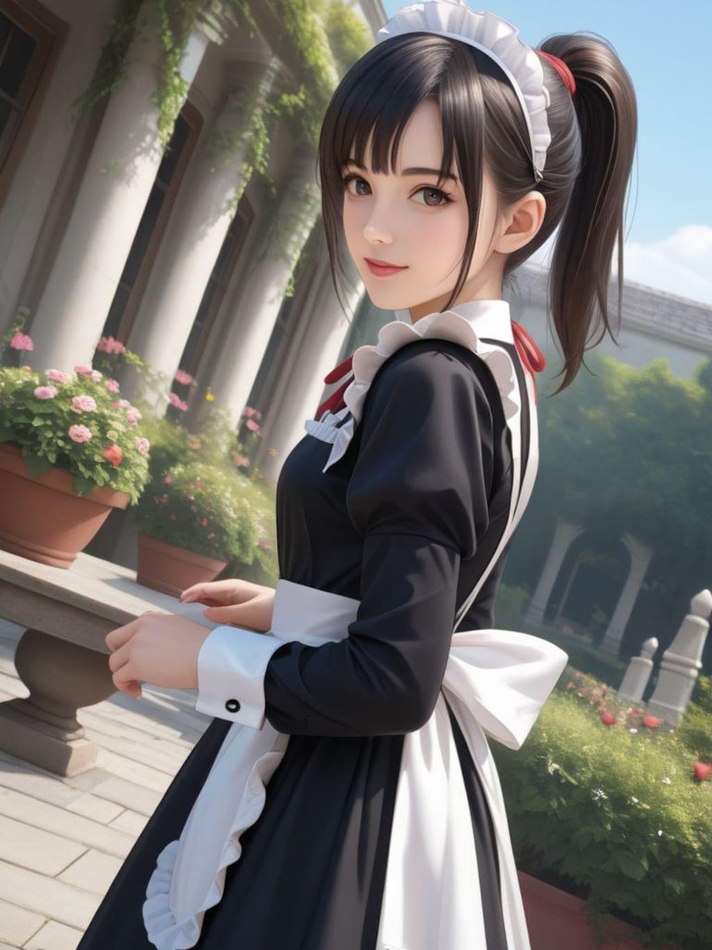 庭でメイドと談笑