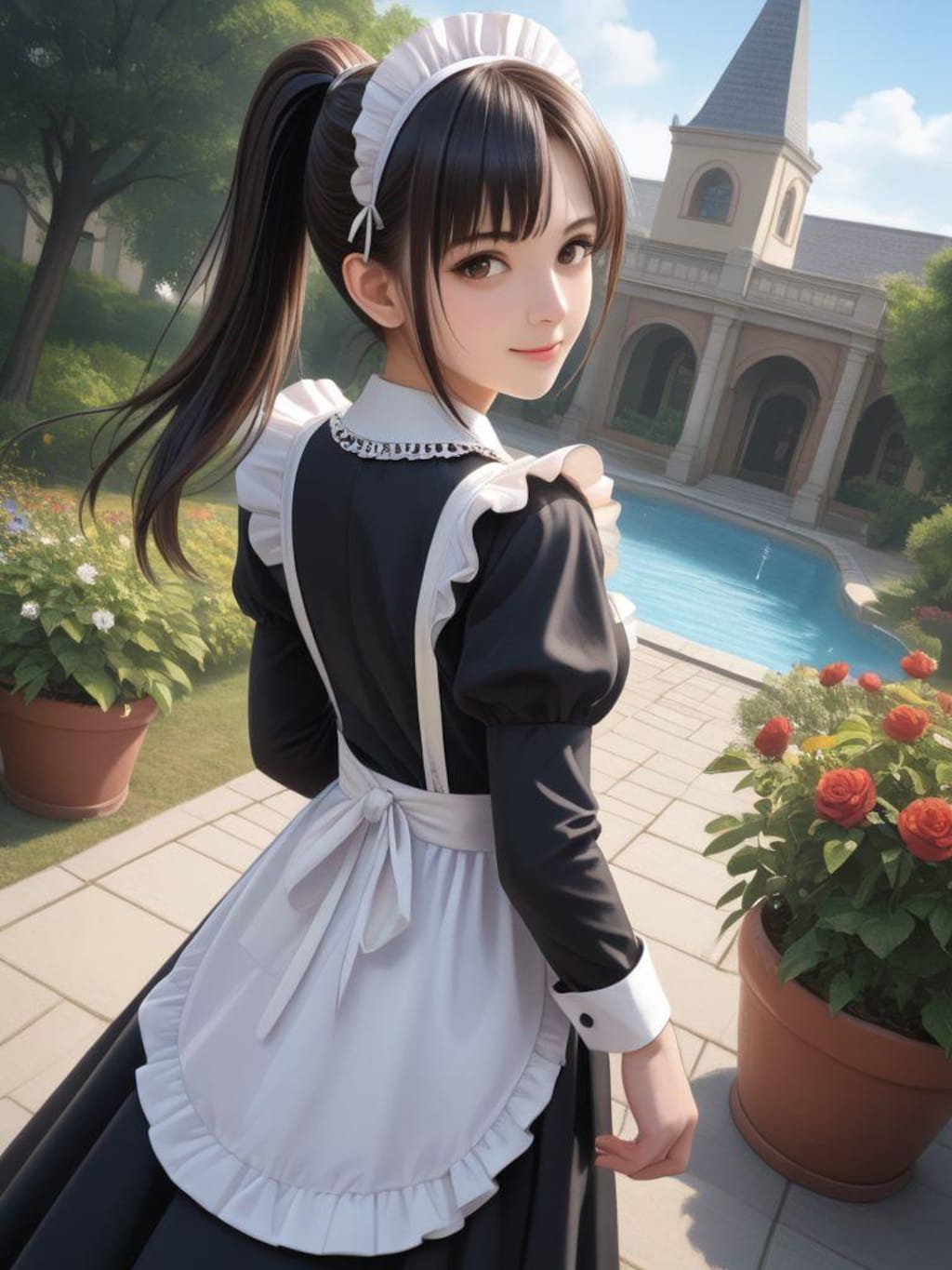 庭でメイドと談笑