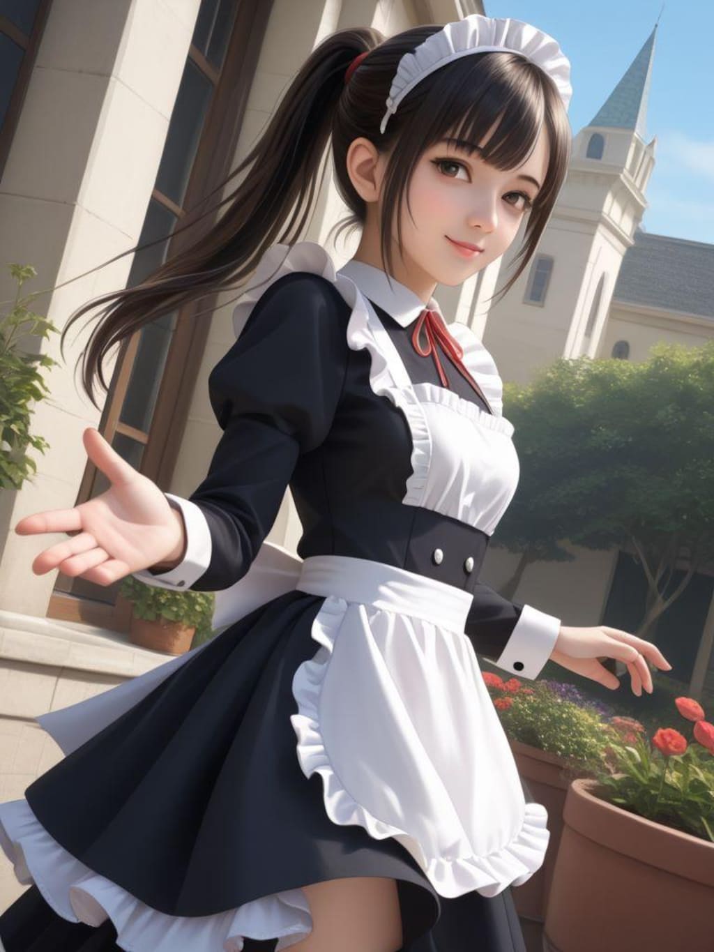 庭でメイドと談笑