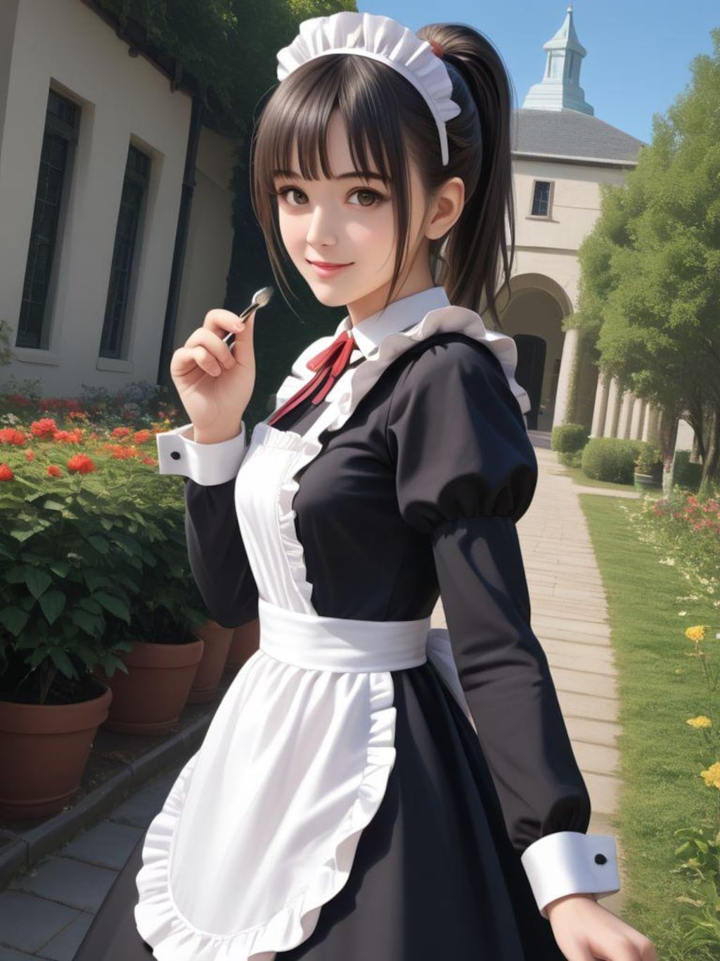 庭でメイドと談笑