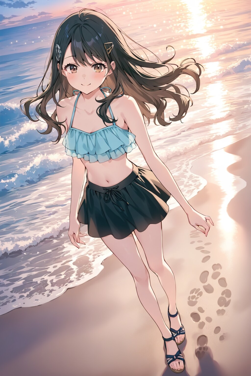 利奈さん(うちの娘)と夕べの波打ち際