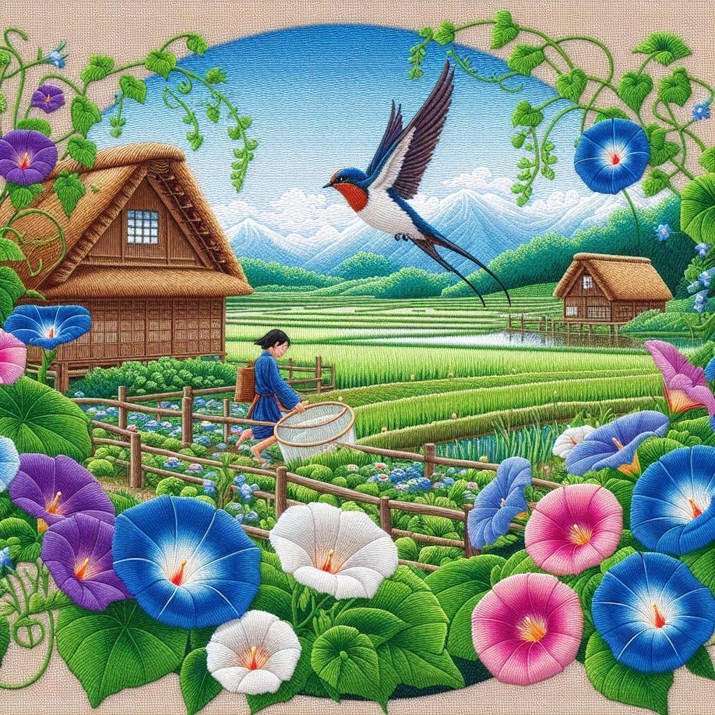 朝顔とつばめと農村の風景