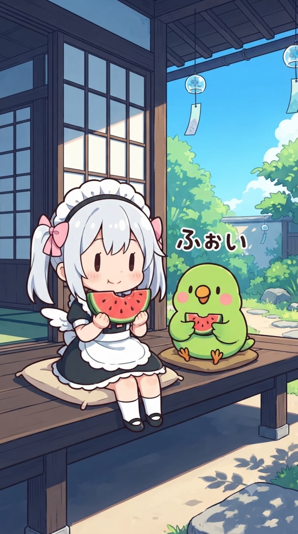 スイカを食べるチビメイドさんとインコ