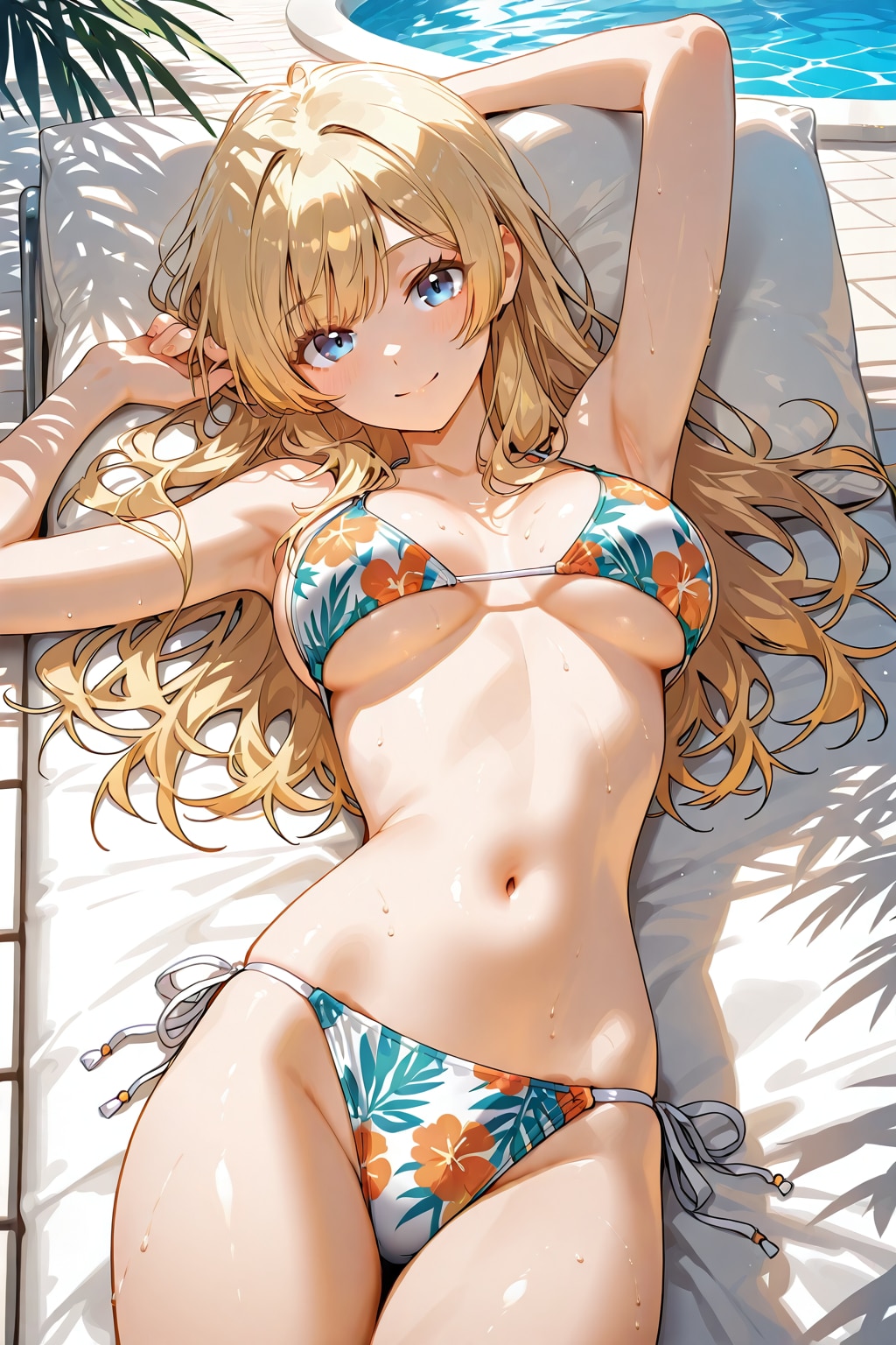 プールで寝転ぶ金髪美少女