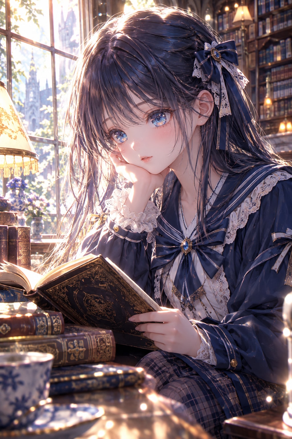 料理関係の本ばかり置いている図書館のような雰囲気のカフェを楽しむ女の子