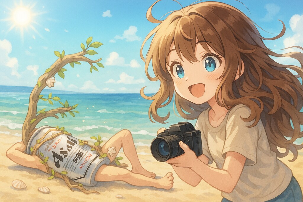 ヌーディズムなビール缶とカメラマンの小さな女の子