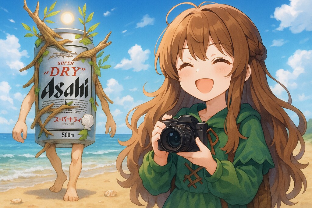 ヌーディズムなビール缶とカメラマンの小さな女の子