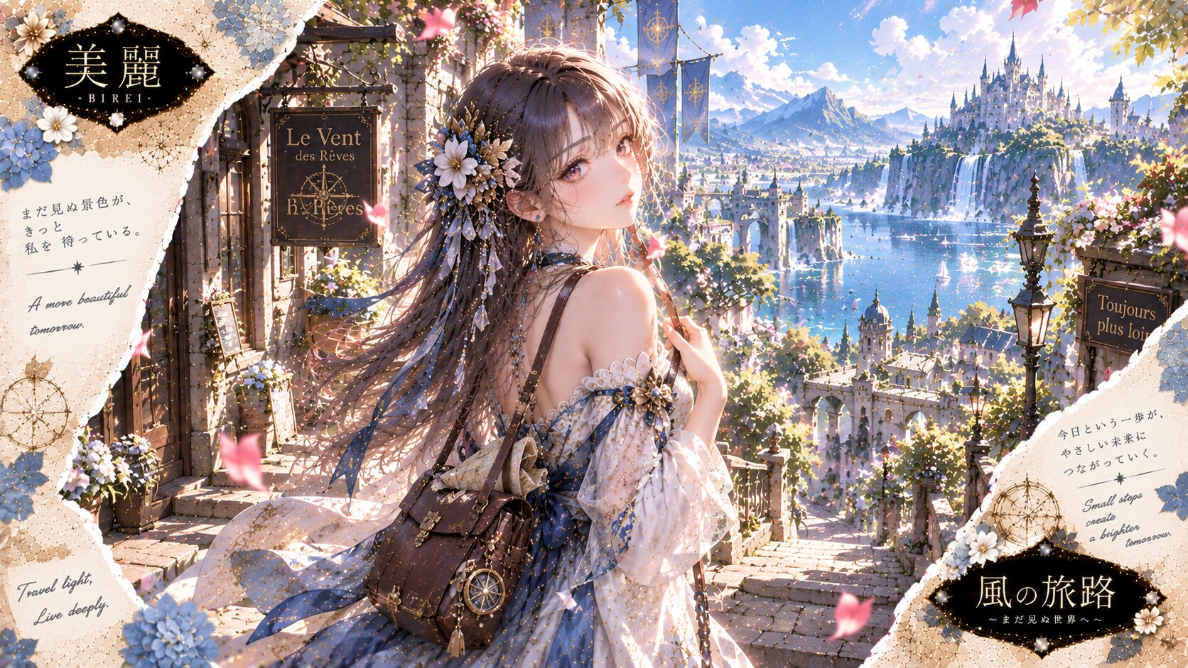 A traveler pausing at the edge of a flower-draped town, a whole shimmering world spread out below. | の人気AIイラスト・グラビア