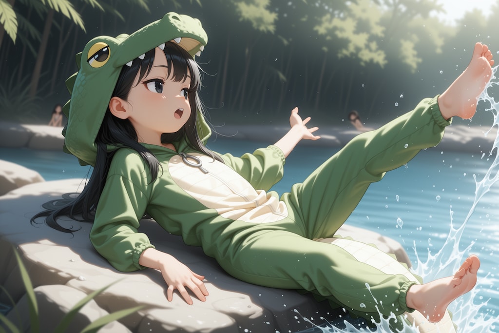 ワニの着ぐるみでバシャバシャ