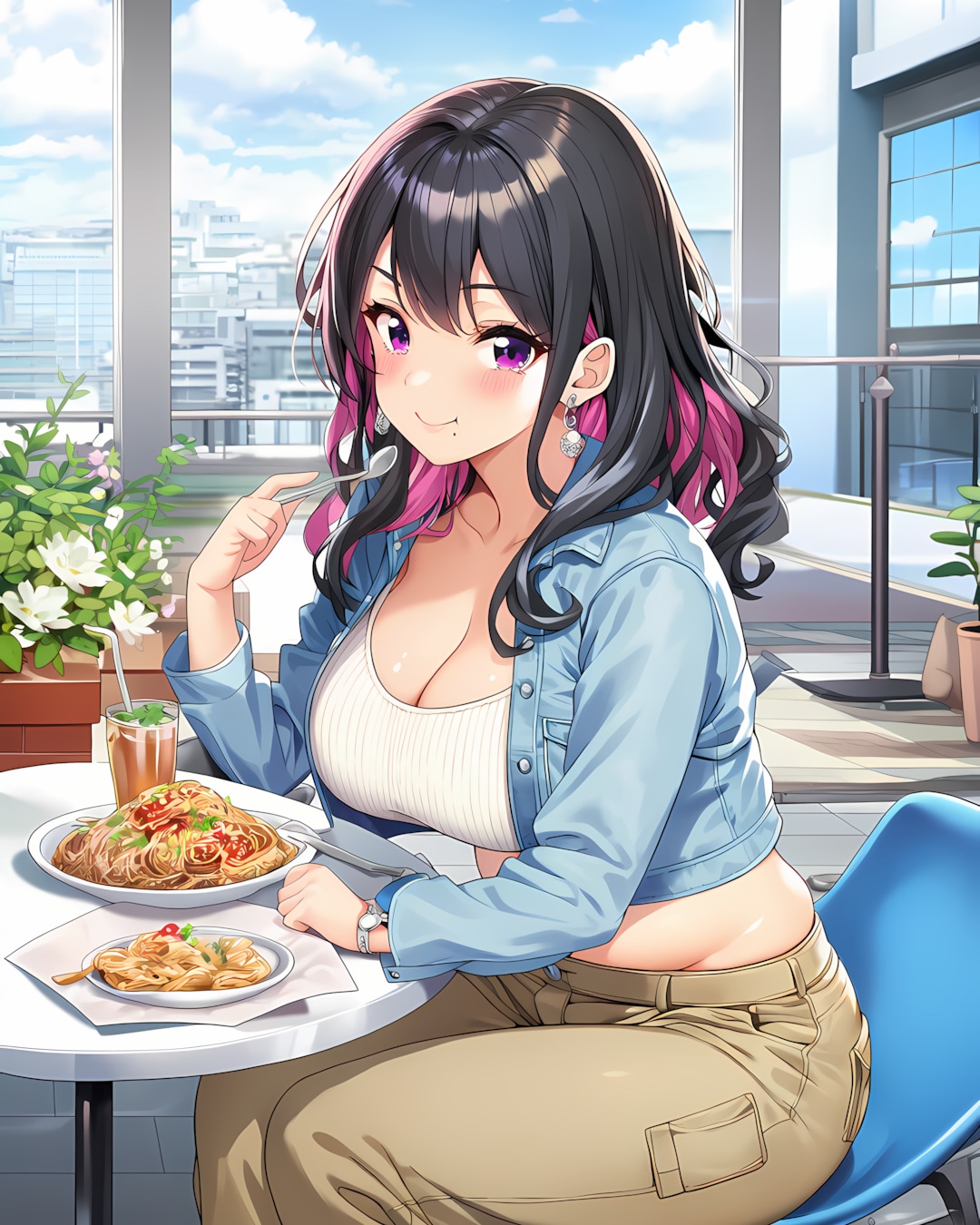 学食パスタランチ🍝デニムジャケットギャル✨ | の人気AIイラスト・グラビア